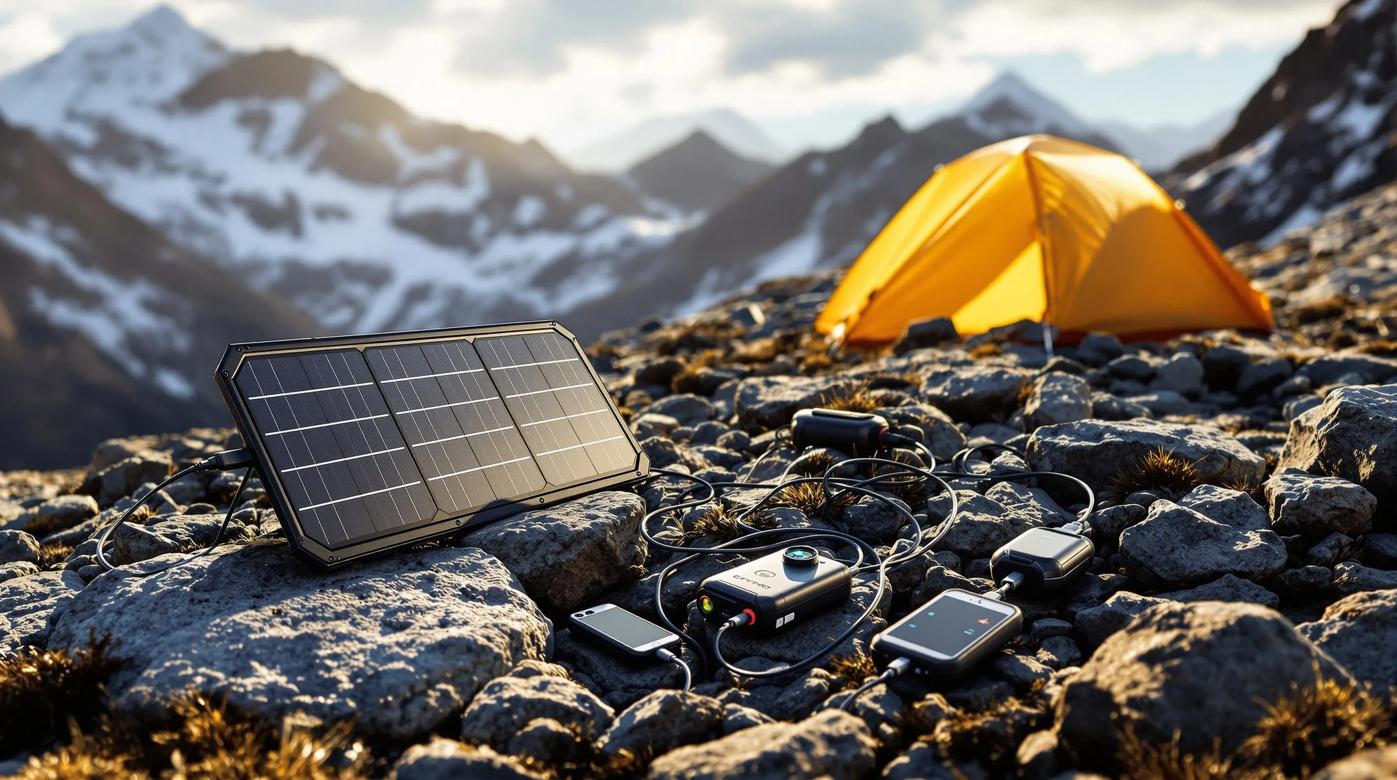 Wilderness power setup with solar panel charging multiple devices
